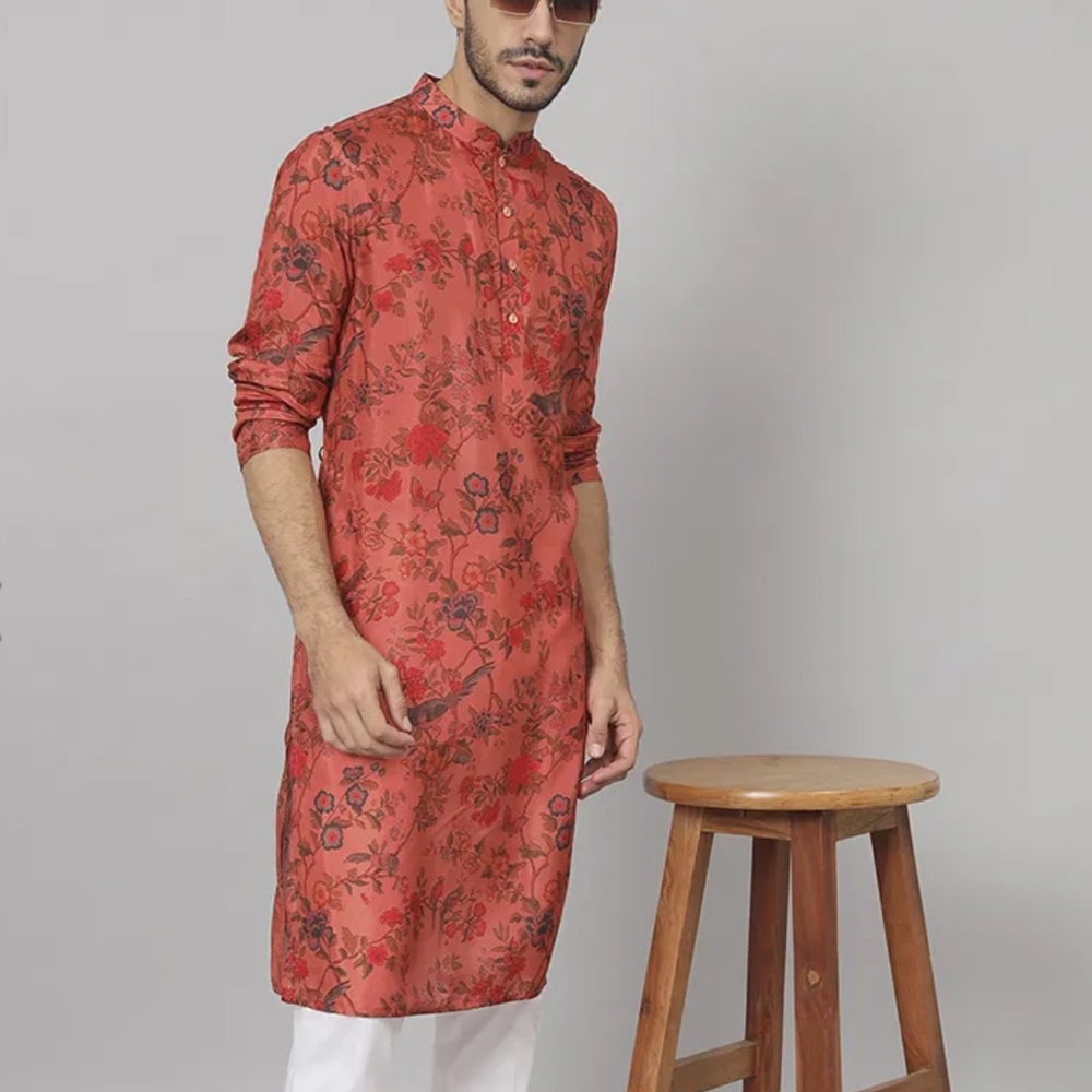 Orange Floral Jal Print Silk Kurta